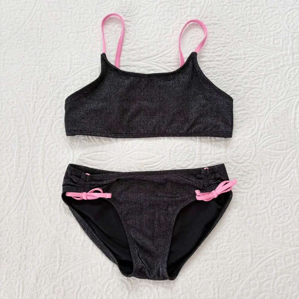 Art Class Girls' Pink / Black Sparkles 2 Piece Bikini Swim Set - Sz L 10/12